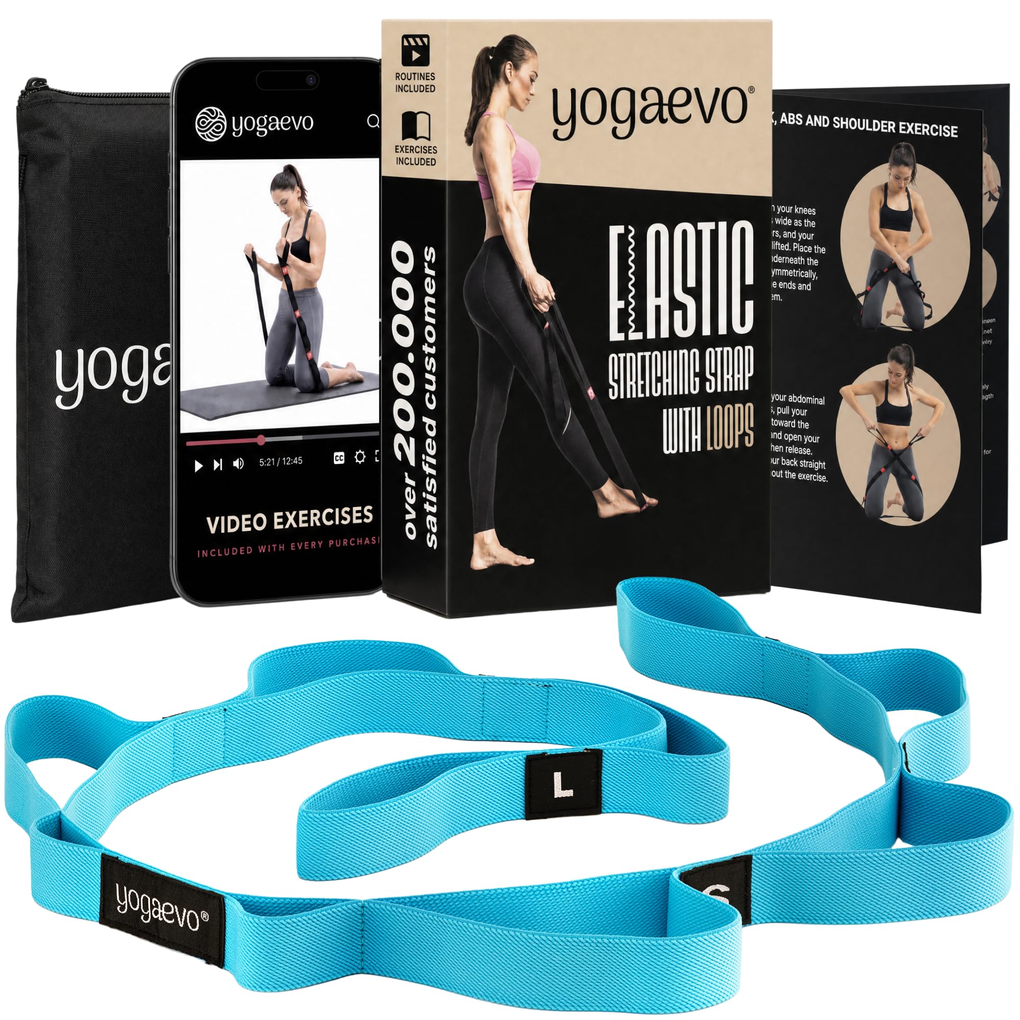Banda de ejercicio con bucles para terapia física, yoga, ejercicio y flexibilidad, banda elástica de fitness + instrucciones de ejercicio y bolsa de transporte (azul elástico)