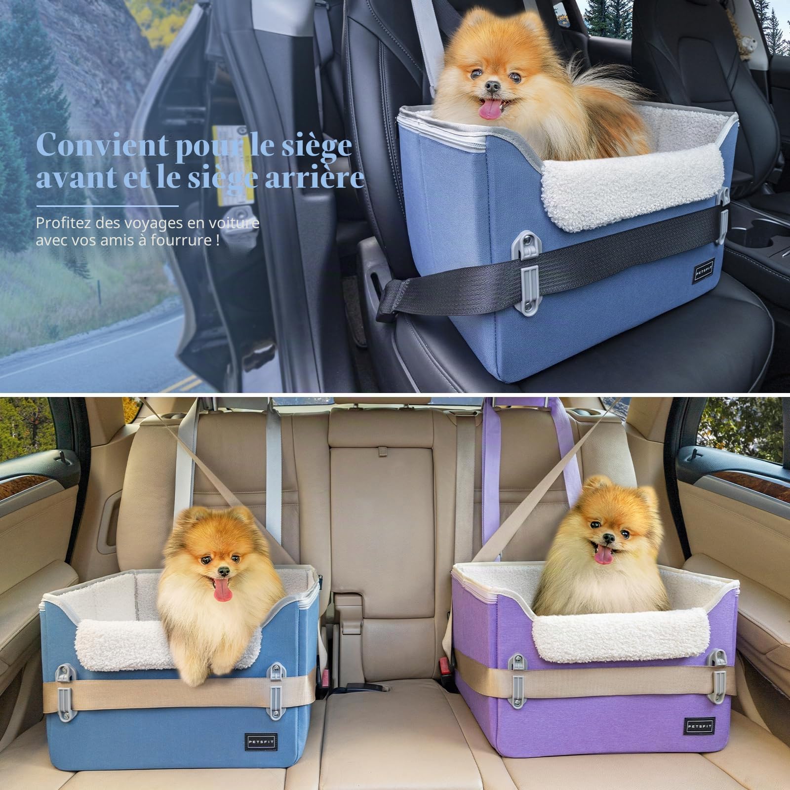 PETSFIT Siège rehausseur de voiture pour chien de taille moyenne avec 2 laisses de sécurité à clipser, boucles brevetées, siège rehausseur pour animaux de compagnie (bleu neuf, taille S)