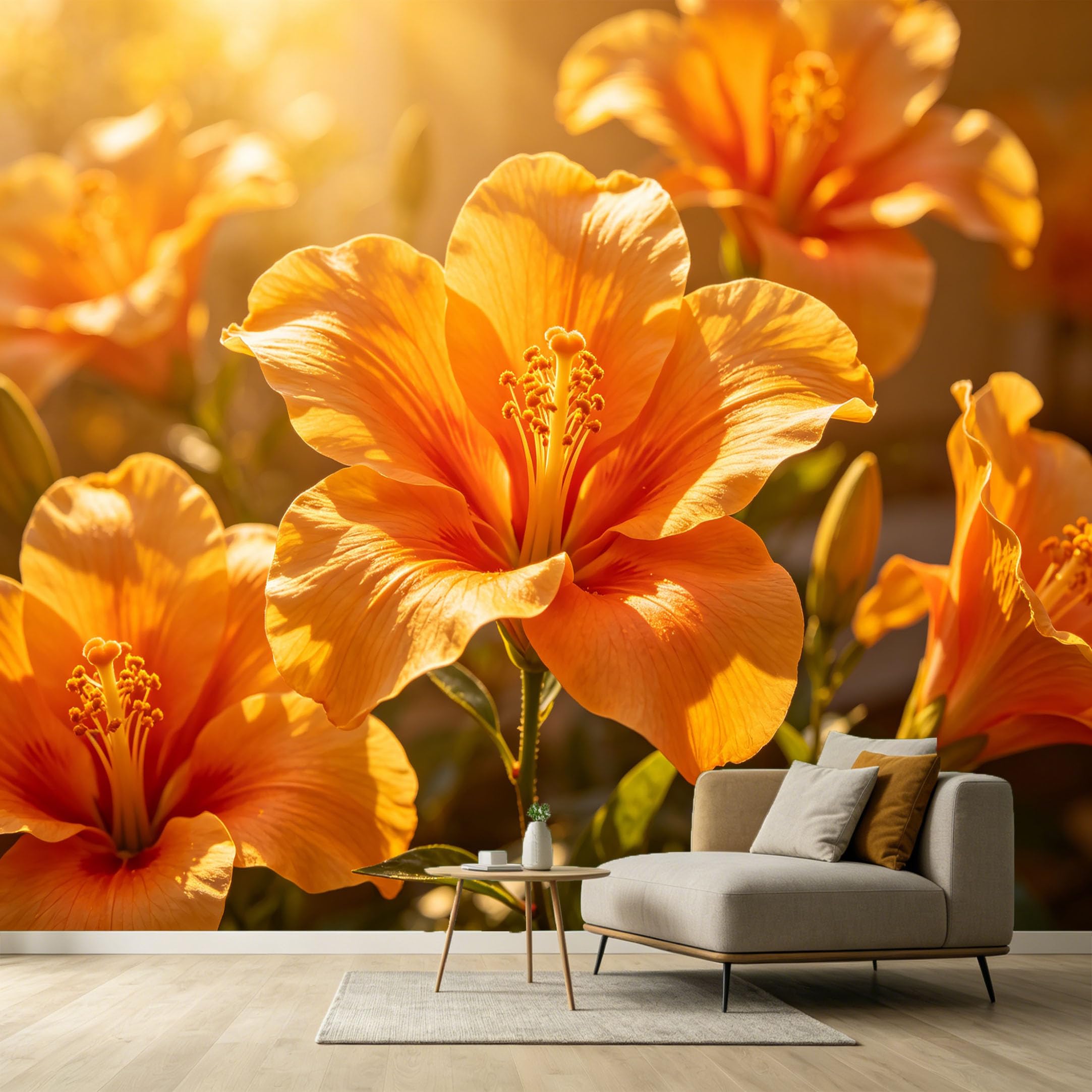 Custom Size Wall Murals Botanical Orange Hibiscus Flowers Watercolor Painting Aesthetic SelfAdhesive Wall Fabric Removable Large Wallpaper for Photo Living Room