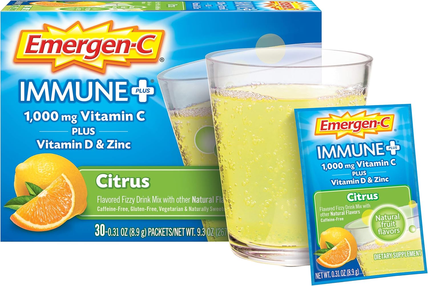 Emergen-C Immune+ 1000mg Vitamin C Powder, with Vitamin D, Zinc, Antioxidants and Electrolytes for Immunity, Immune Support Dietary Supplement, Citrus Flavor - 30 Count/1 Month Supply
