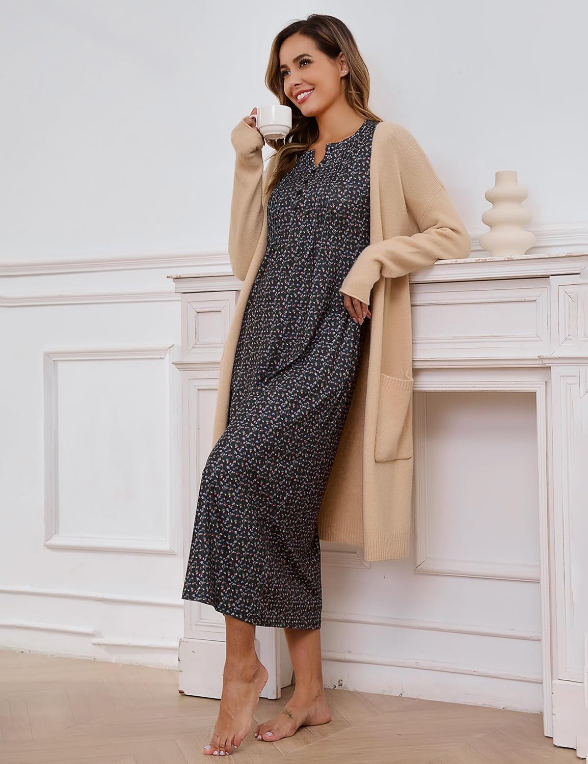 Marvmys Womens Cotton Long Sleeve Nightgowns Soft Ladies Sleep Shirts V Neck Full Length Night Shirts Sleepwear with Pockets - Image 3