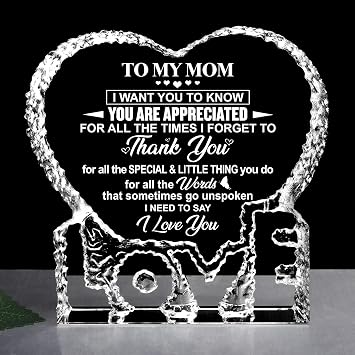 ZHSHWAT Gifts for Mom, K9 Crystal Keepsake from Daughter Son Anniversary Birthday Gifts Personalized Crystal Heart Gratitude Decoration Gifts for Mom