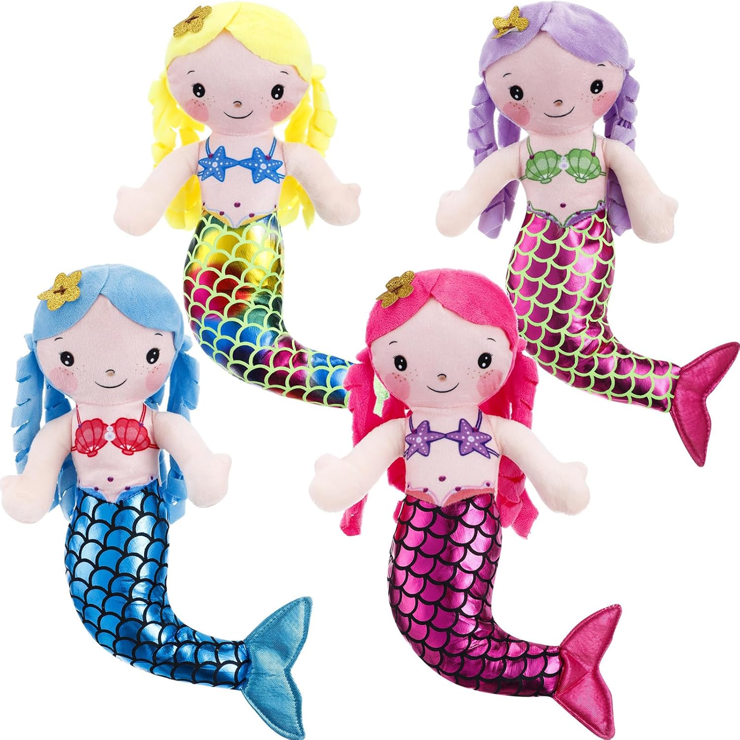 Poen 4 Pcs Mermaid Doll 11.8 Inch Mermaid Soft Rag Stuffed Doll Princess Plush Toy for Kids Girls Birthday Party Decorations