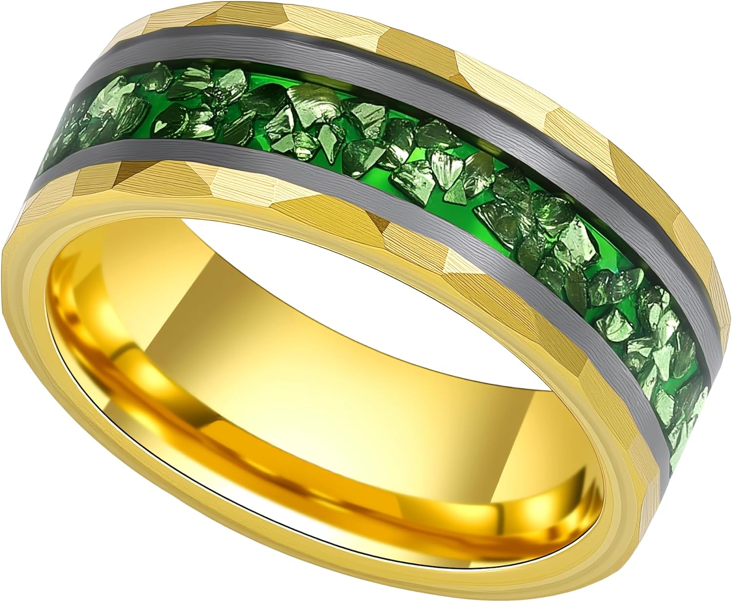 8mm 14K Gold Plated Mens Tungsten Created Wedding Bands Hammered Lab Emerald Tungsten Anniversary Rings for Men May‘s’ Birthstone Promise Rings for Him Size 12