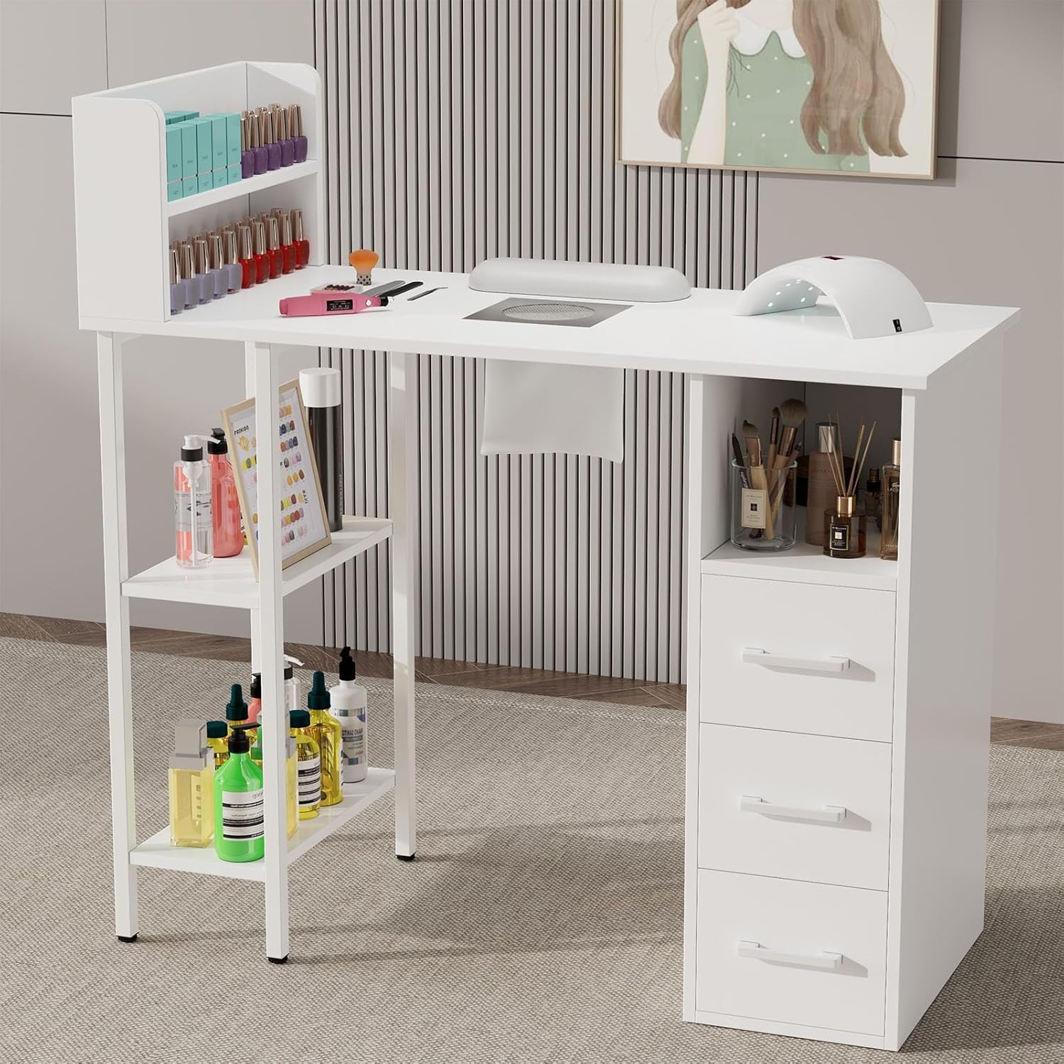 Nail Desk for Nail Tech – Manicure Table with Electric Dust Collector, 3 Drawers, 2-Tier Cabinets & 3-Tier Shelves, White Nail Station for Salon or Home Use