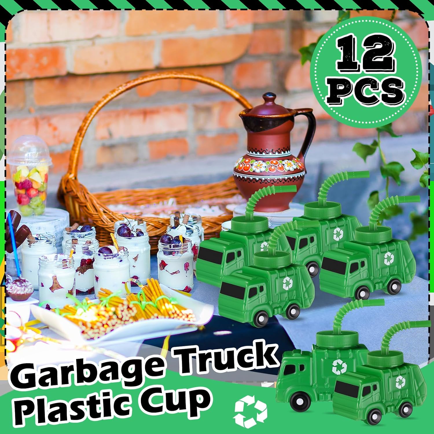 Tanlade 12 Sets Garbage Truck Cups with Straws, Trash Truck Birthday Party Decorations, 10 oz Plastic Garbage Car Shape Cup Reusable Car Party Decoration Vehicles Birthday