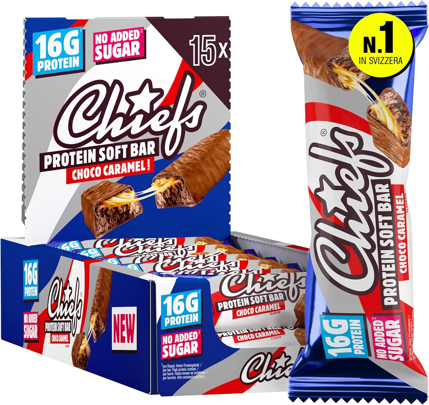 CHIEFS Protein Snack al Cioccolato, Barrette Proteiche, Per uno Spuntino Goloso, Per il Controllo del Peso, Per il Recupero Dopo lo Sport, 15 Barrette da 55g, Cioccolato e Caramello