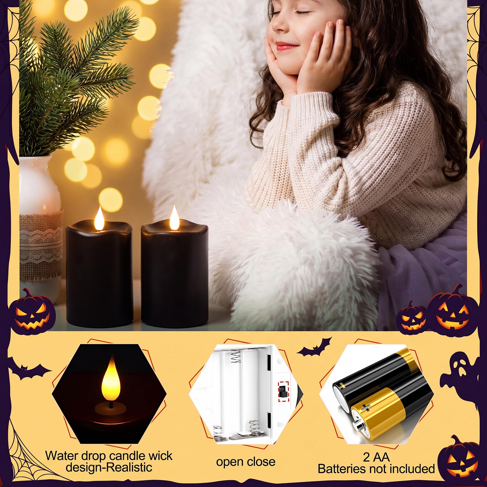 Retisee 3 candele LED da 10,2 cm con timer e telecomando tremolanti, in vera cera, funzionamento a batteria, per decorare la casa (nero, 2 pezzi)