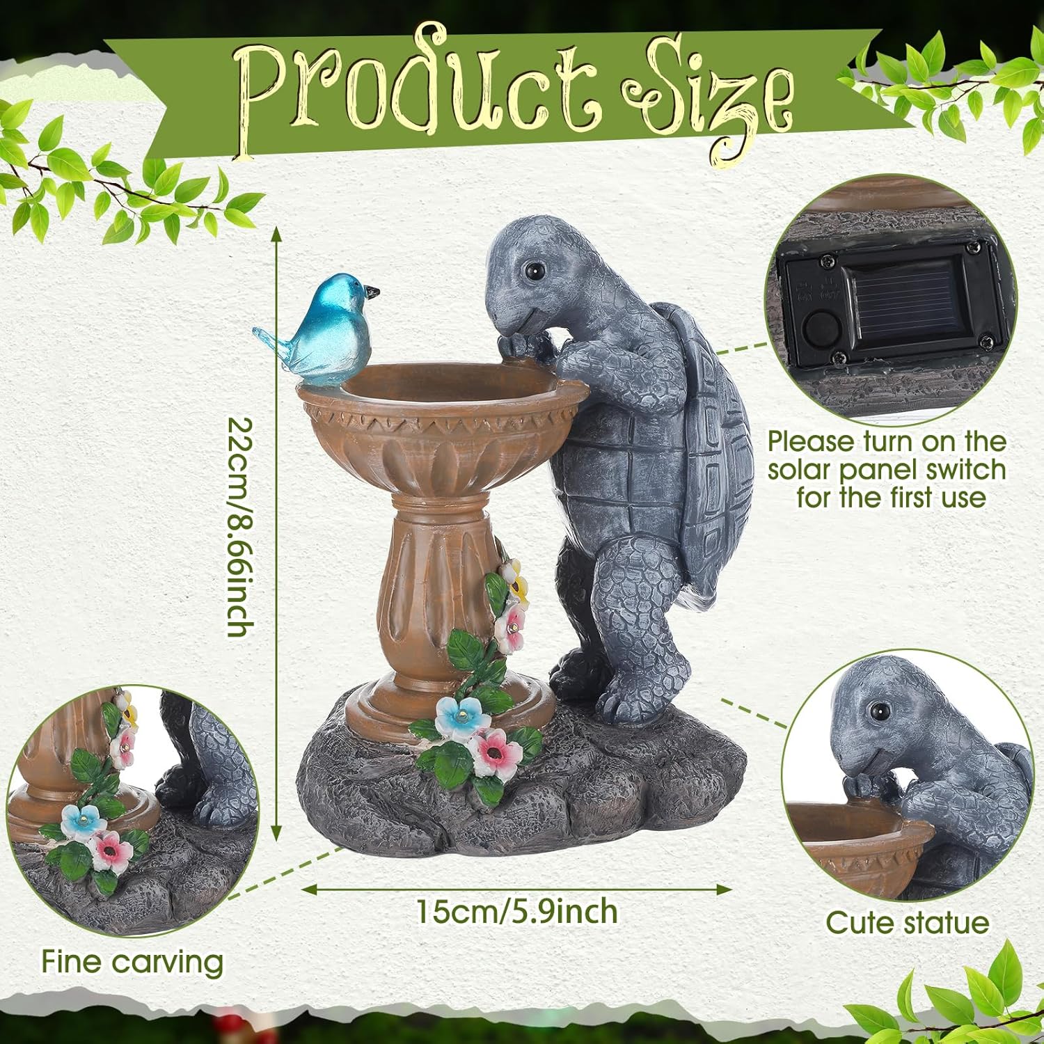 Turtle Birdbath Outdoor Garden Decor 10.25 Inch Solar Bird Turtle Statues Ornaments with Succulent and Solar LED Lights for Outside Decorations Yard Art Lawn Porch Patio Housewarming Gifts