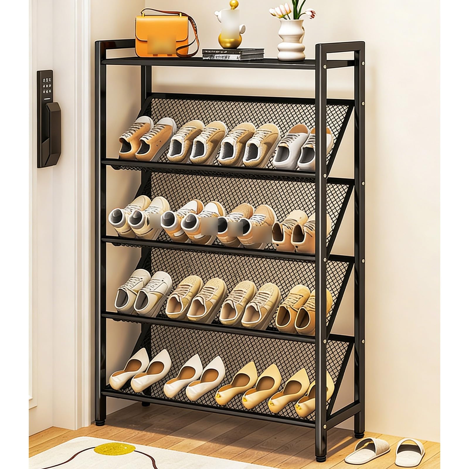 Zajmujący mało miejsca metalowy stojak na buty z nachylonymi półkami siatkowymi przy wejściu czarny (50 x 19 x 114 cm) – idealny do małych przestrzeni stylowe rozwiązanie do przechowywania