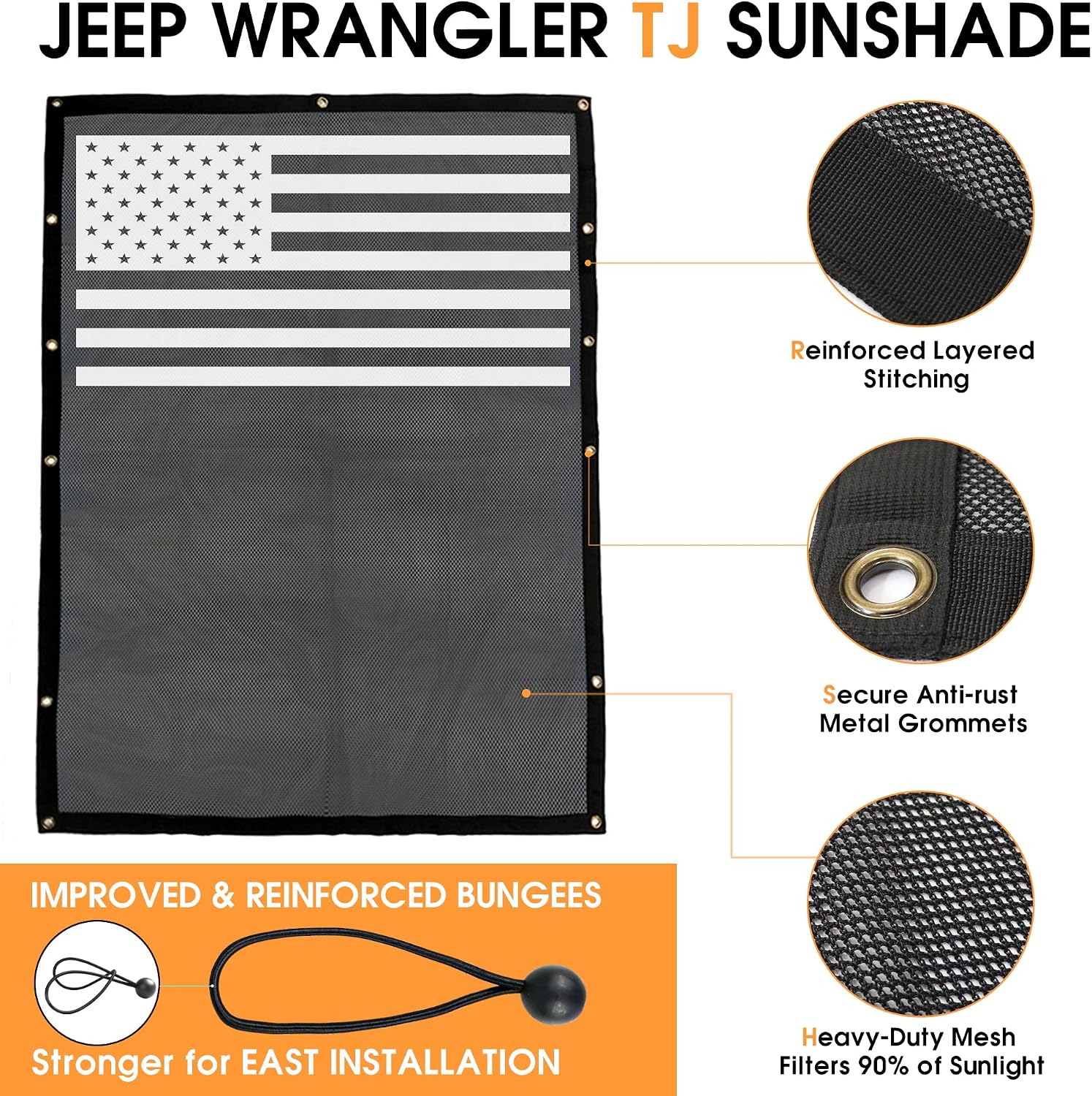 Mesh Shade Bikini Top UV Protection Sunshade Cover for Jeep Wrangler TJ 1997-2006 - USA Flag