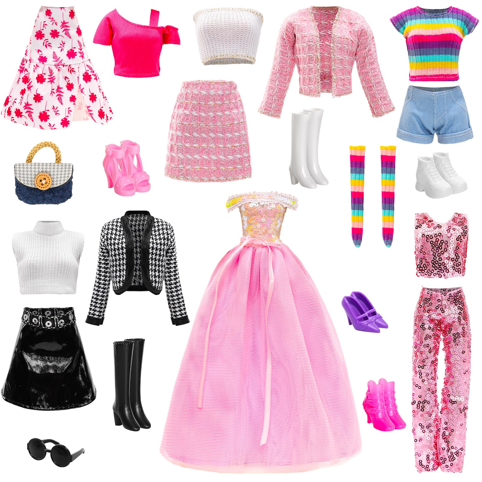 15 Pieces 11.5 Inch Girl Dolls Fashion Pack 6 Set Doll Clothes Include Chic Suits Party Gown Sequin Outfit Stylish Dress 6 Pairs of Shoes 3 Accessories for Girl Dolls Clothing(NO Doll)