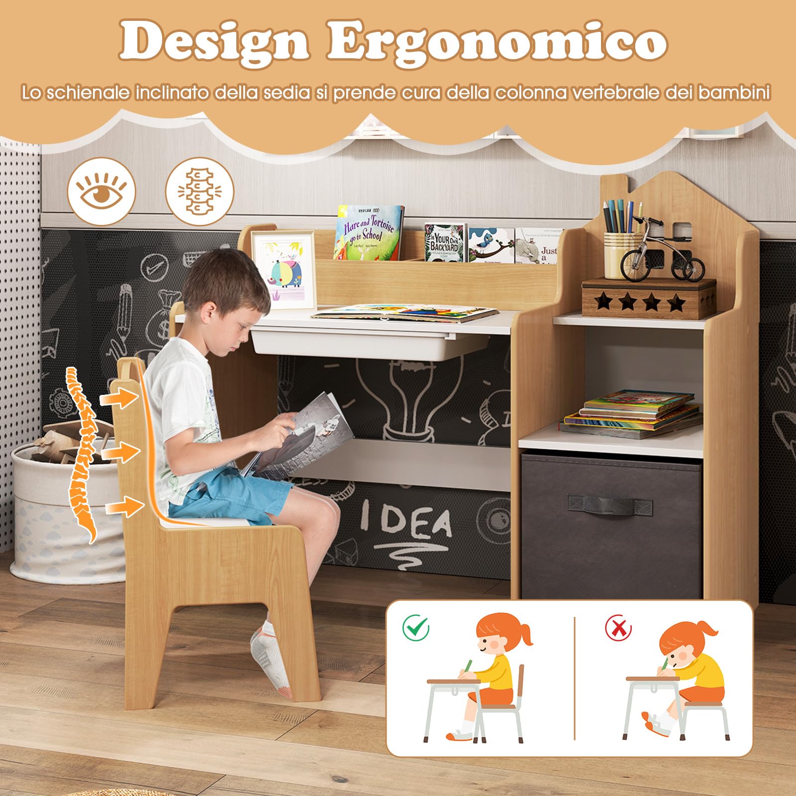 COSTWAY Set Scrivania e Sedia per Bambini 3-12 Anni, Tavolo e Sedia in Legno Salvaspazio con Cassetto in Plastica e Cassetto in Tessuto, Banco Scuola e Seggiola per Cameretta (Naturale)