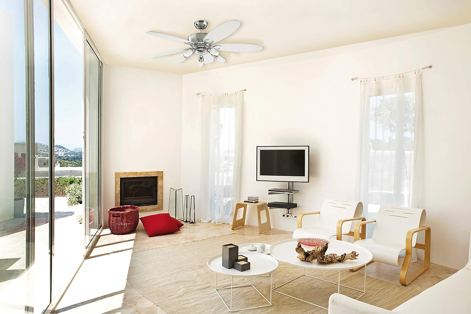 Westinghouse Arius ceiling fan with white blades installed in a modern living room