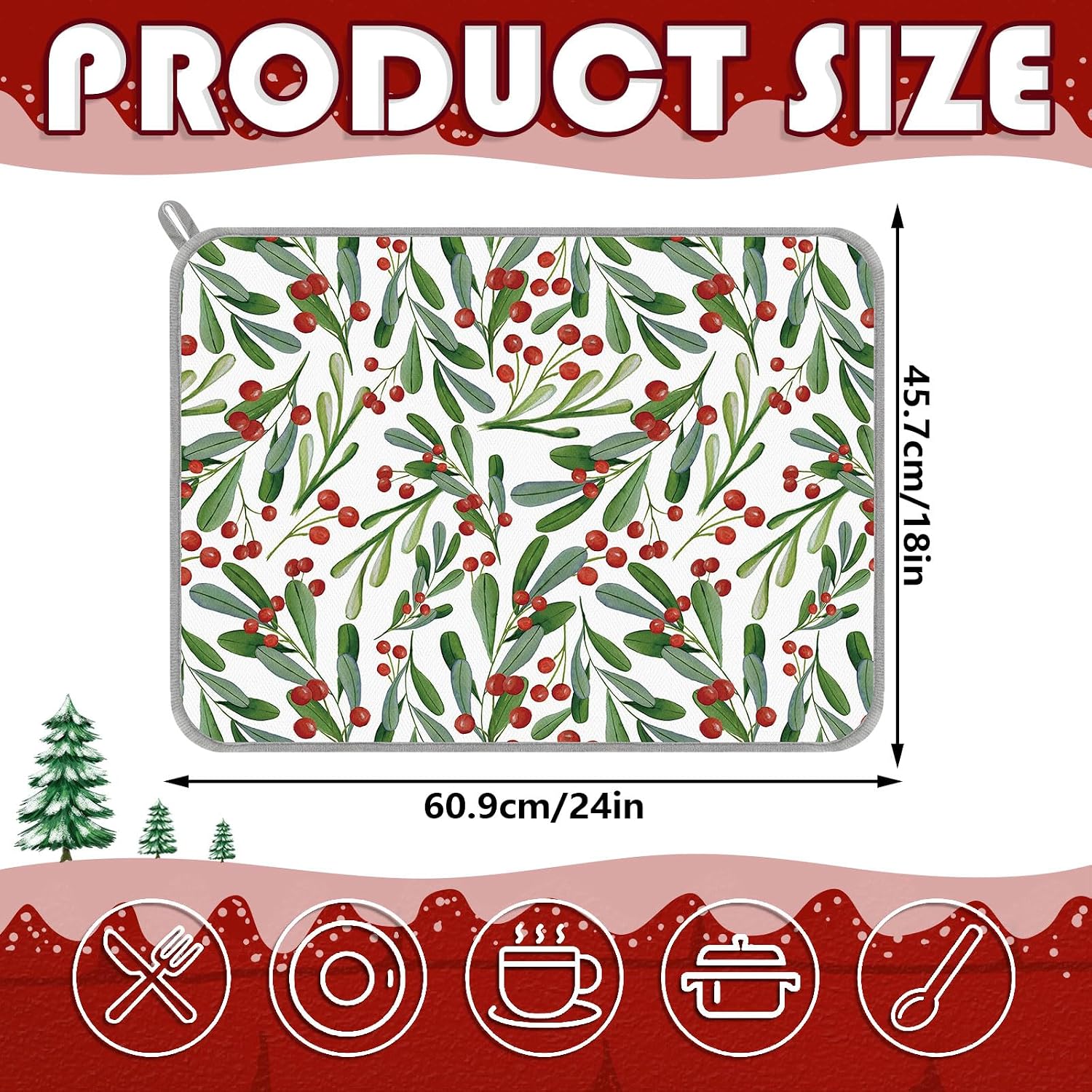 Christmas Dish Drying Mat Xmas Holly Berry Absorbent Dish Drainer Protector Pad for Winter Kitchen Countertop Tableware Decor, 18 x 24 Inch