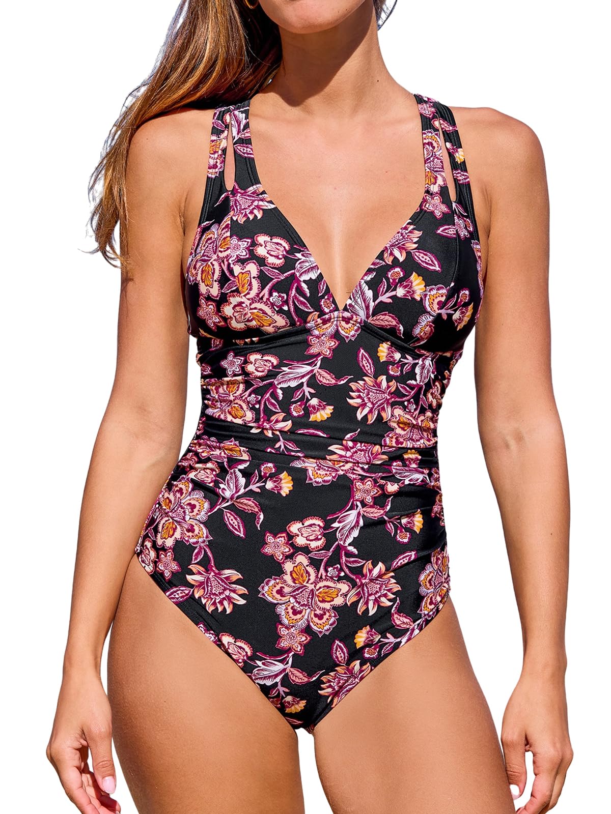 CUPSHE Women's Swimsuit V Neck Tummy Control Double Straps Cross Back Tie One Piece Swimwear Swimsuit