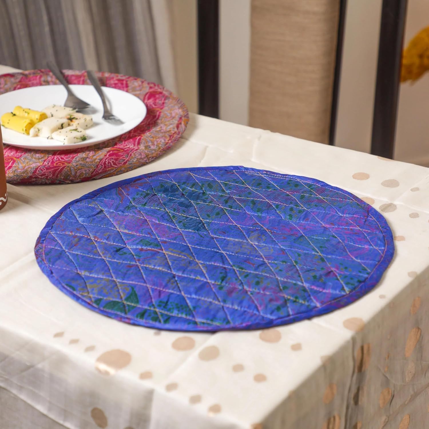 Desi Favors Rangoli Mat with Tealight Holders | Floral Embroidered Gota Lace Pink & Orange Diya Set for Weddings Festivals Pooja Home Decor Gift | 13" Rangoli / 3" Diya
