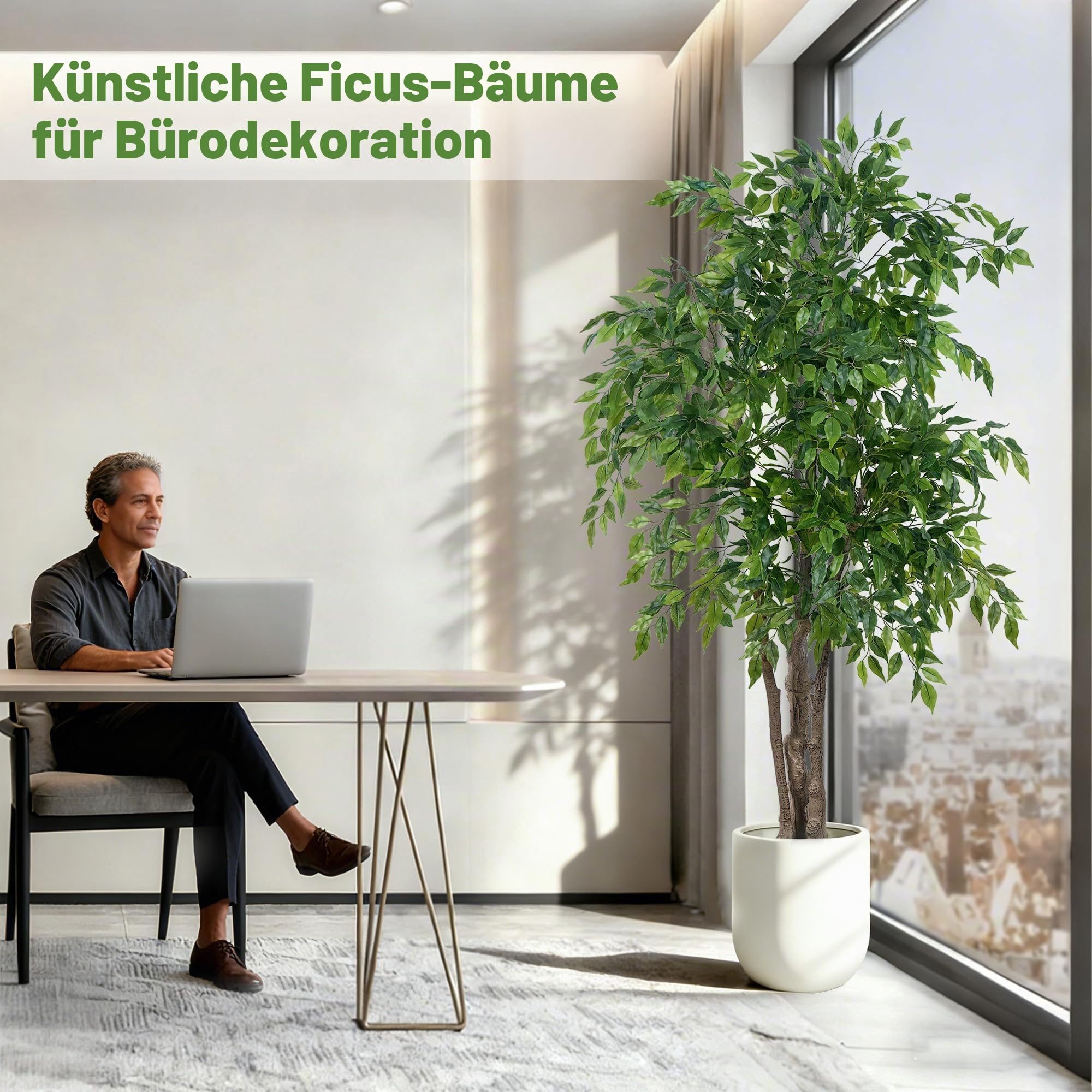 Kunstpflanze Ficus, 1,7m Groß Ficusbaum mit Weißem Topf Fake Zimmerpflanzen Künstliche Pflanzen mit Stamm aus Naturholz, Kunstbaum Deko Plastikpflanzen für Wohnzimmer, Büro | Künstlicher Baum, Heimdekoration, realistisch, für Wohnzimmer, Büro oder Ecke