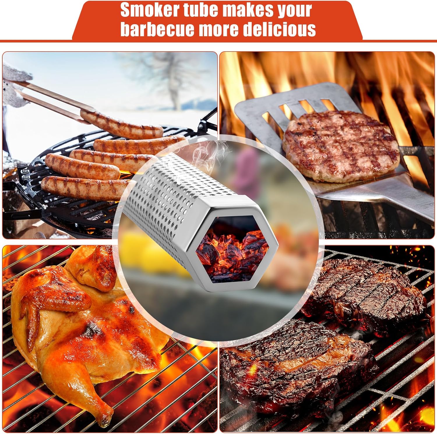 Tandefio 6 Pack 12" Pellet Smoker Tube for Pellet Grill Stainless Steel Smoker Tube for Hot or Cold Smoking with 3 Pack Brushes Portable BBQ Smoking Gas Grilling
