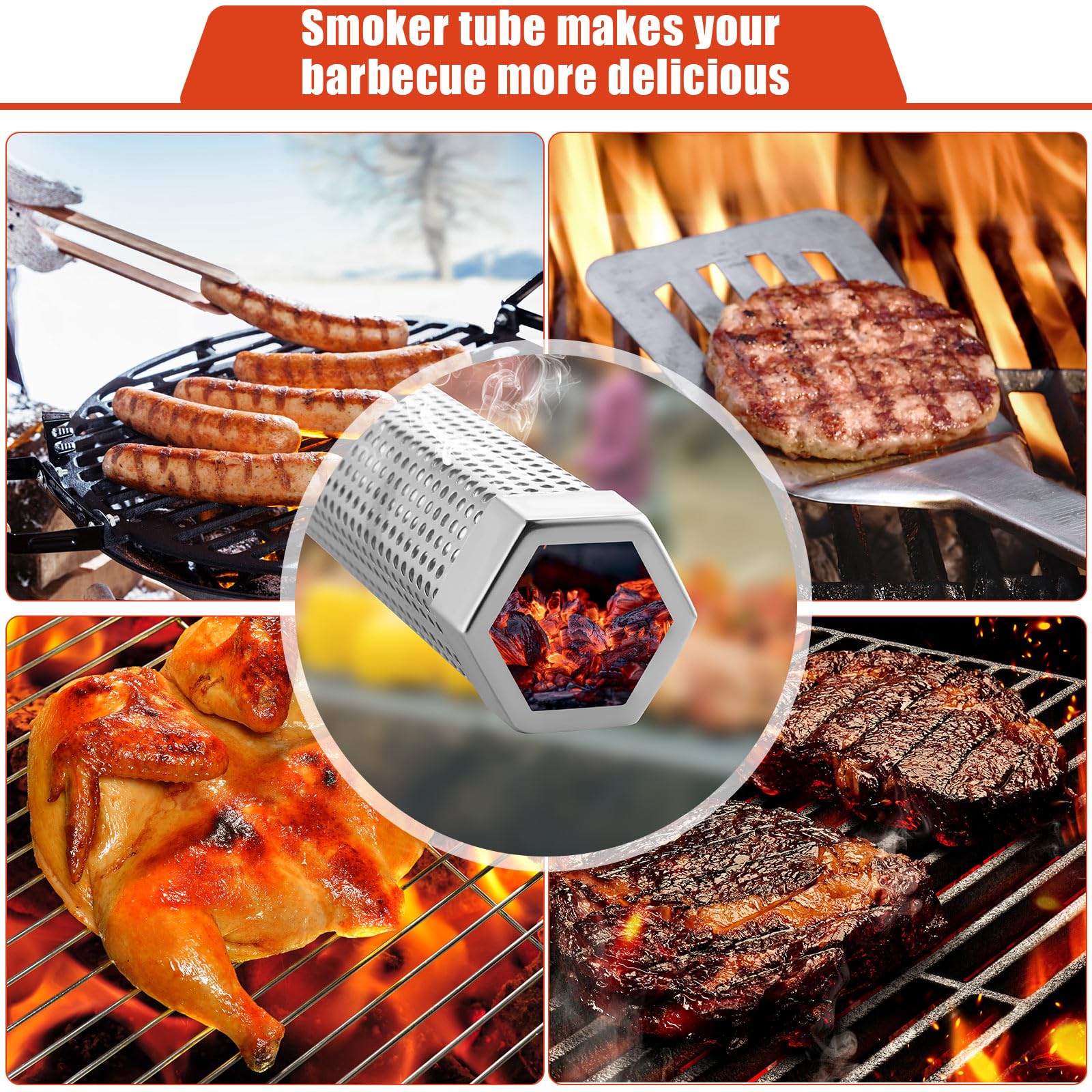 Paquete de 6 tubos de ahumador de pellets de 12 pulgadas para parrilla de pellets de acero inoxidable para ahumar en caliente o frío con 3 cepillos portátiles para barbacoa a gas 7