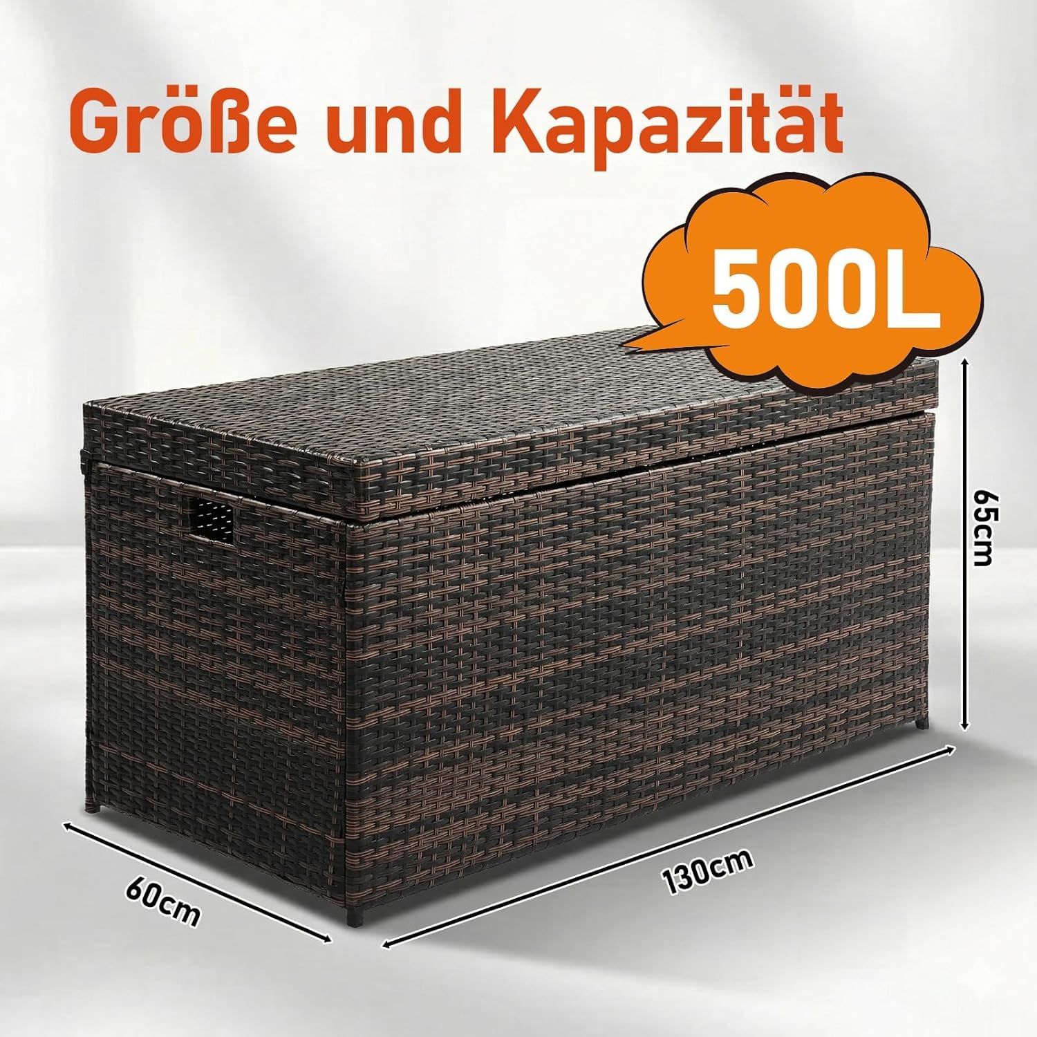 Polyrattan Gartenbox mit Deckel, auflagenbox wasserdicht 500L - Mit flexiblem Scharnier, UV-beständig, rostbeständig, großes Fassungsvermögen, Brauner Farbverlauf