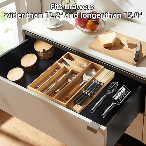 Miniatura 3 de Organizador de cubiertos de bambú pequeño, bandeja expandible para cubiertos de cocina, organización de cubiertos, separadores de vajilla de madera