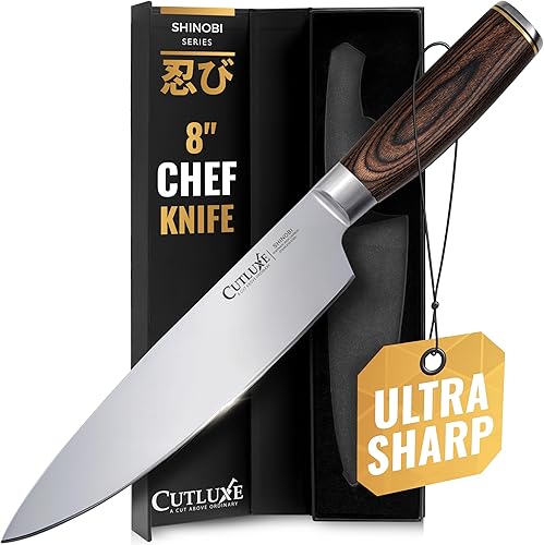 Cutluxe Cuchillo de chef  Cuchillo de cocina japonés ultra afilado de 8 pulgadas, hoja de acero inoxidable de alto carbono, mango de madera de Pakka