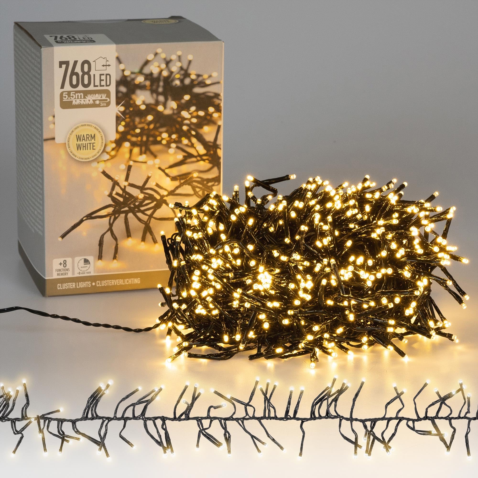 ECD Germany Catena Luminosa Grappolo 5,5 m 768 LED Bianco Caldo con Timer e 8 Modalità di Illuminazione Alimentazione a Rete IP44 Luci Cluster per Albero Natale Interno Esterno Lucine Decorative Patio