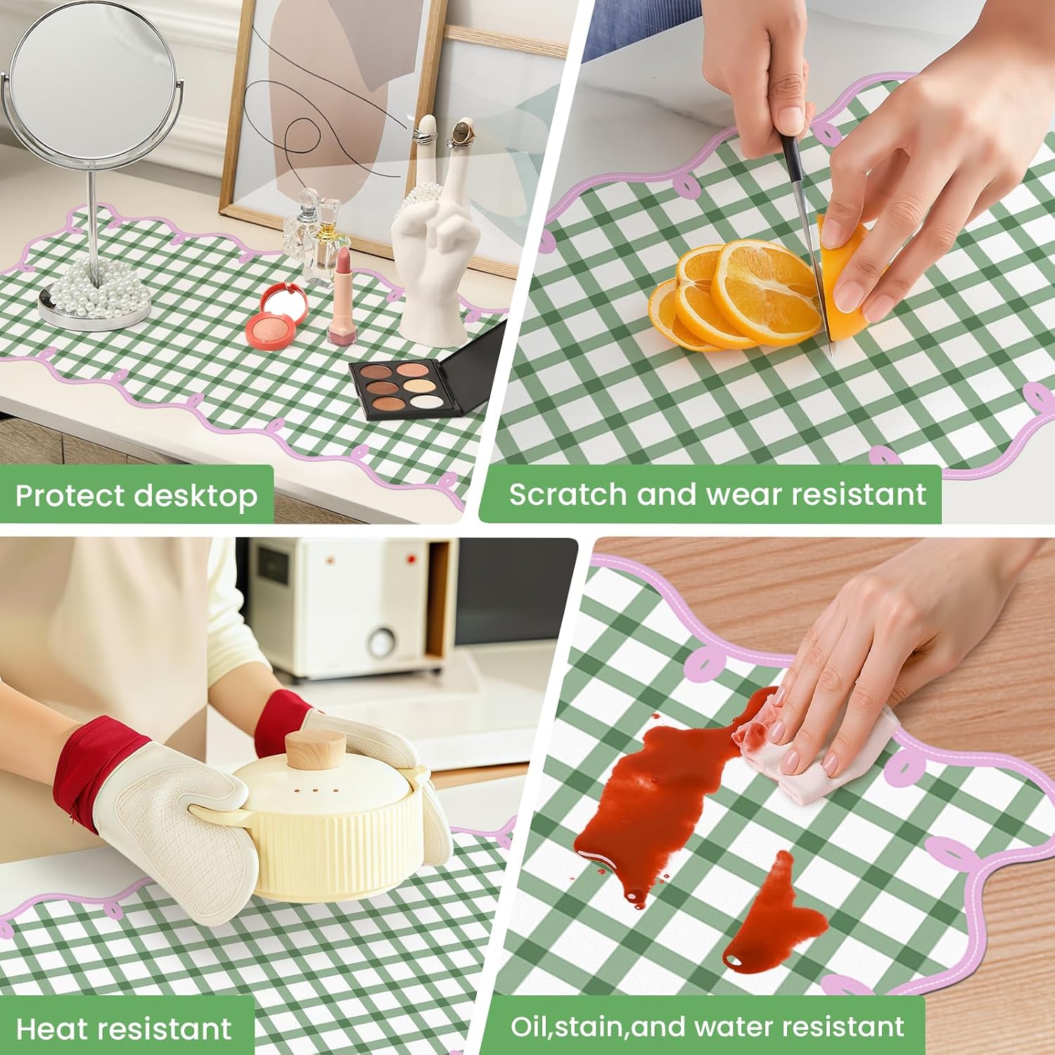Leather Desk Pad, Desk Mat Mouse Pad, Non-Slip Mousepad Waterproof PU Table Blotter for Computer Laptop Extra Large Keyboard Mat for Women Girl Office Home Dorm, Pink Scalloped +Dark Green Checkered image 5