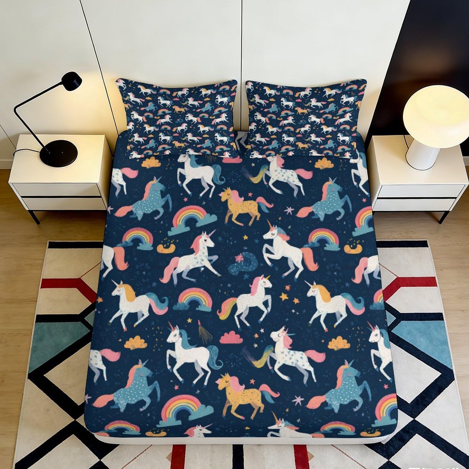 3D Printed Unicorn Rainbow Fitted Sheet Microfiber Soft Non-Slip Mattress Cover for Bedroom Dorm Easy Care Decorative Bedding 120x200x25cm