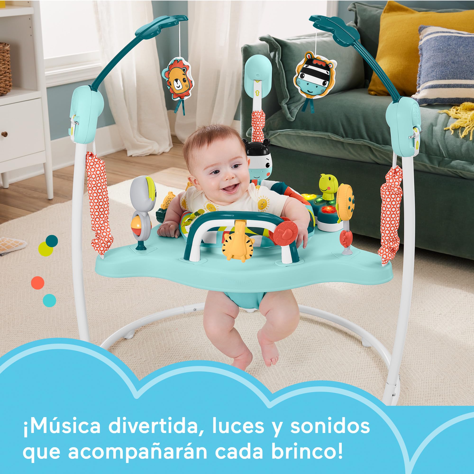 Fisher-Price Saltador Colorido, jumperoo Centro de Actividades con Juguetes sensoriales, Asiento Giratorio 360º, para bebés de hasta 11 kg (HNX59)