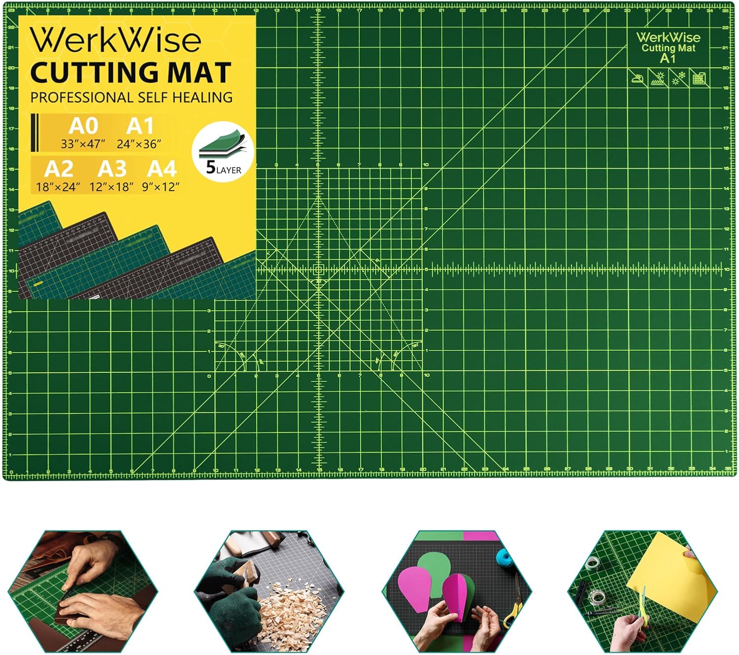 Thickness-Upgraded 24" x 36" Self Healing Sewing Mat, WerkWise Rotary Cutting Mat, Double Sided 5-Ply 24x36 Inch Cutting Board for Quilting, Fabric, & Crafts, Use with Rotary Cutters (Green & Black)