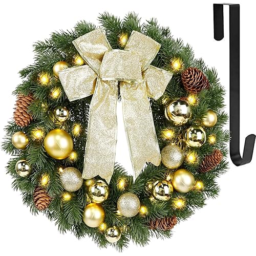 Hausse Lighted Christmas Wreath with Metal Hanger, Pre-lit Xmas Wreath with Large Golden Bow & Balls, Battery Operated with 40 LEDs Lights, for Front Door Gate Wall Christmas Party Decorations