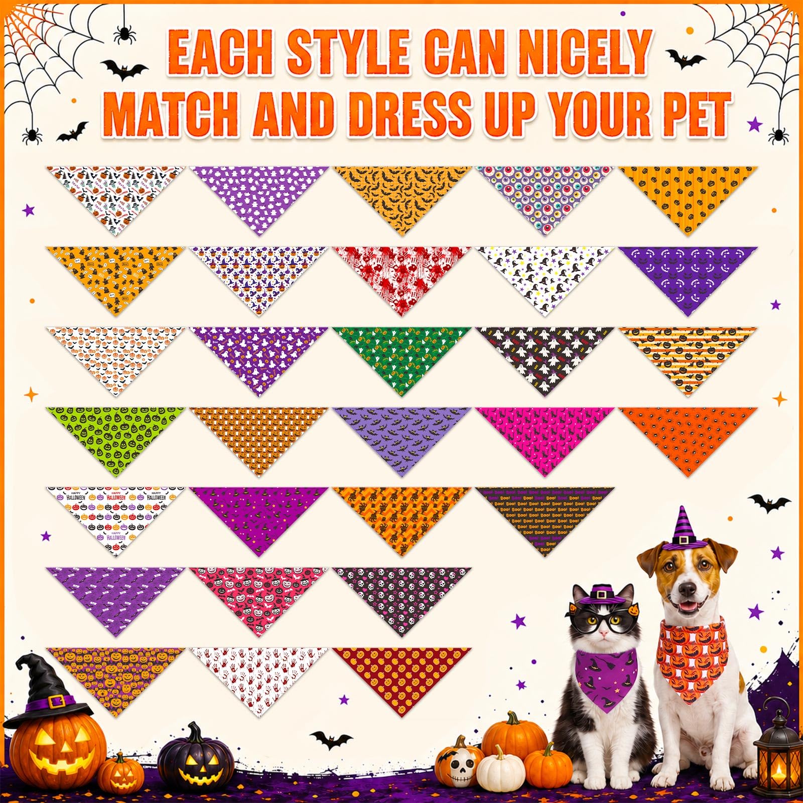 Sanwuta 120 bandane triangolari per cani di Halloween, lavabili, bavaglini regolabili per animali domestici di piccola e media taglia, 30 stili