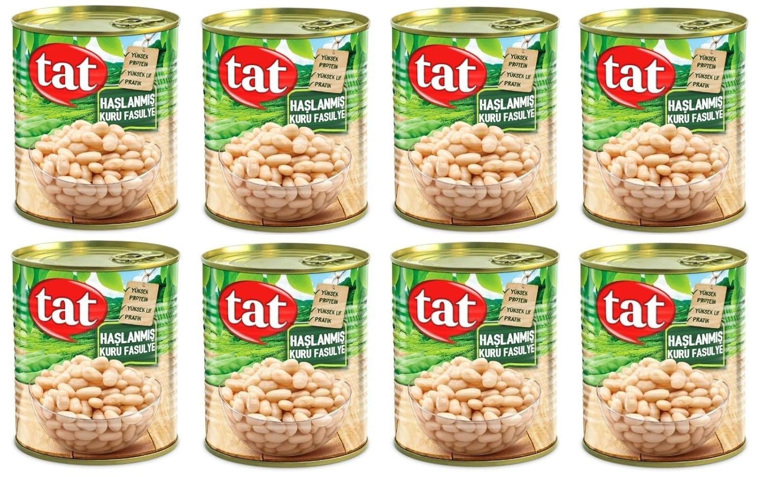 Turkish Canned Boiled White Beans, Tat Haslanmis Kuru Fasulye, High Protein, 28 Oz, Pack of 8
