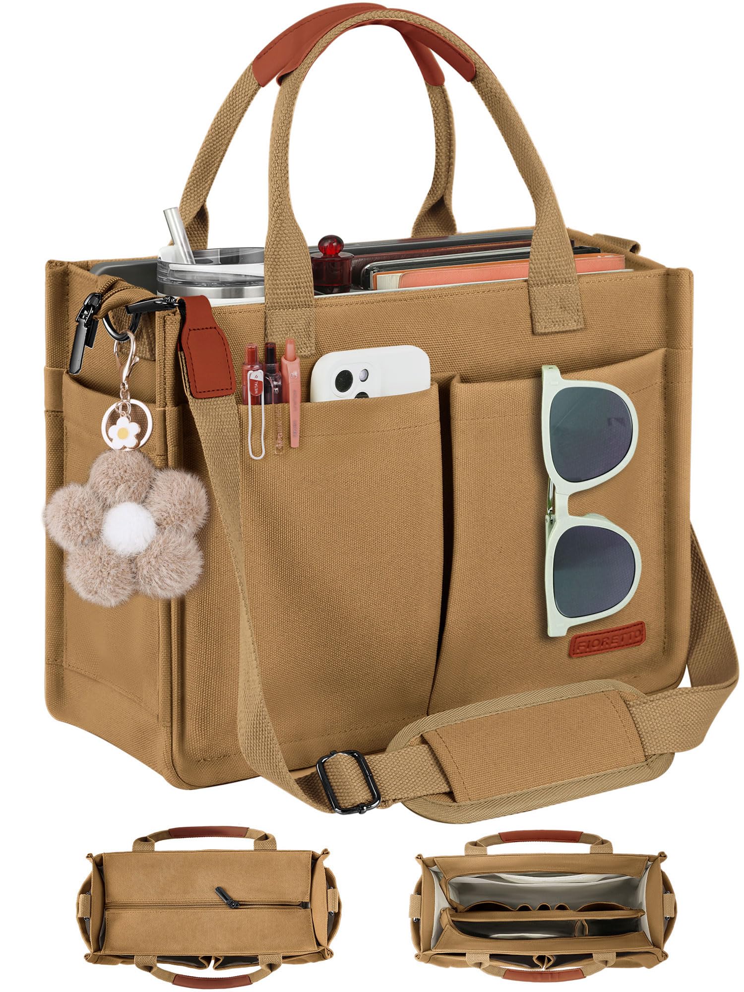 FIORETTO Womens Canvas Tote Bag Purse with Individual Compartment, Zipper Top, Reinforced Bottom & Luggage Sleeve