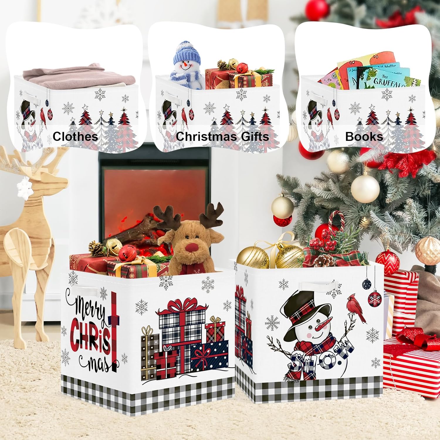 Clastyle 3 Pcs Large Christmas Tree Storage Basket Set Santa Claus Candy Snowman Book Toy Basket Snowflake Xmas Gift Storage Bins Boxes for Laundry Nursery Home,Red Black Snowman,11.8x11.8x11.8 in