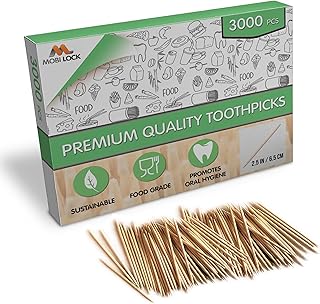 3000 Pcs Bamboo Toothpicks - Double Pointed Wooden Picks - For Personal Hygiene, Appetizer Skewers, Cocktail Sticks, Toothpick or Arts & Crafts - by Mobi Lock