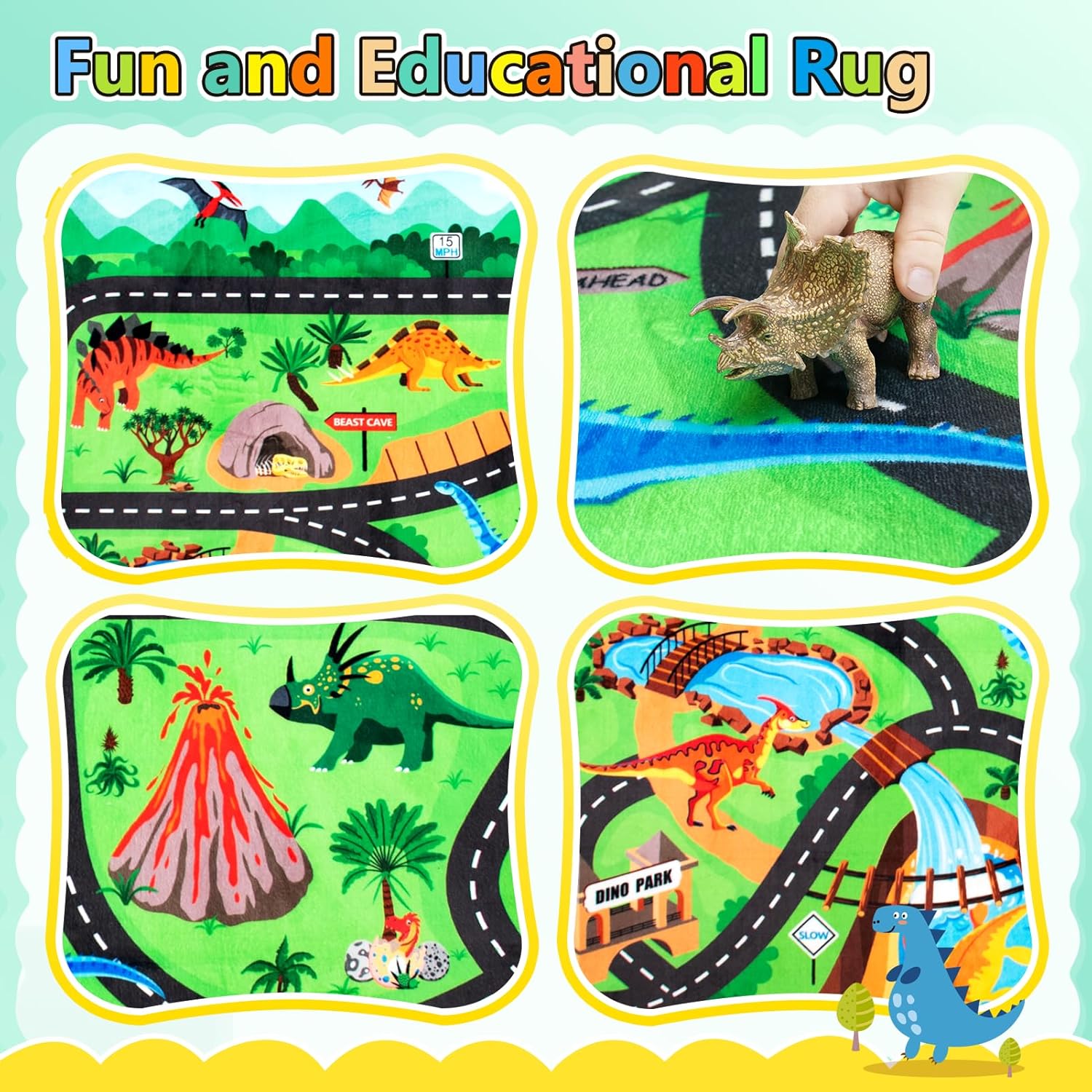 Kids Rug, Car Carpet for Kids' Toy Cars, 5x7 Ft Dinosaur Rug, Dino Safari Road Mat for Playroom, Educational Learning & Game Area Playmat Carpet for Children