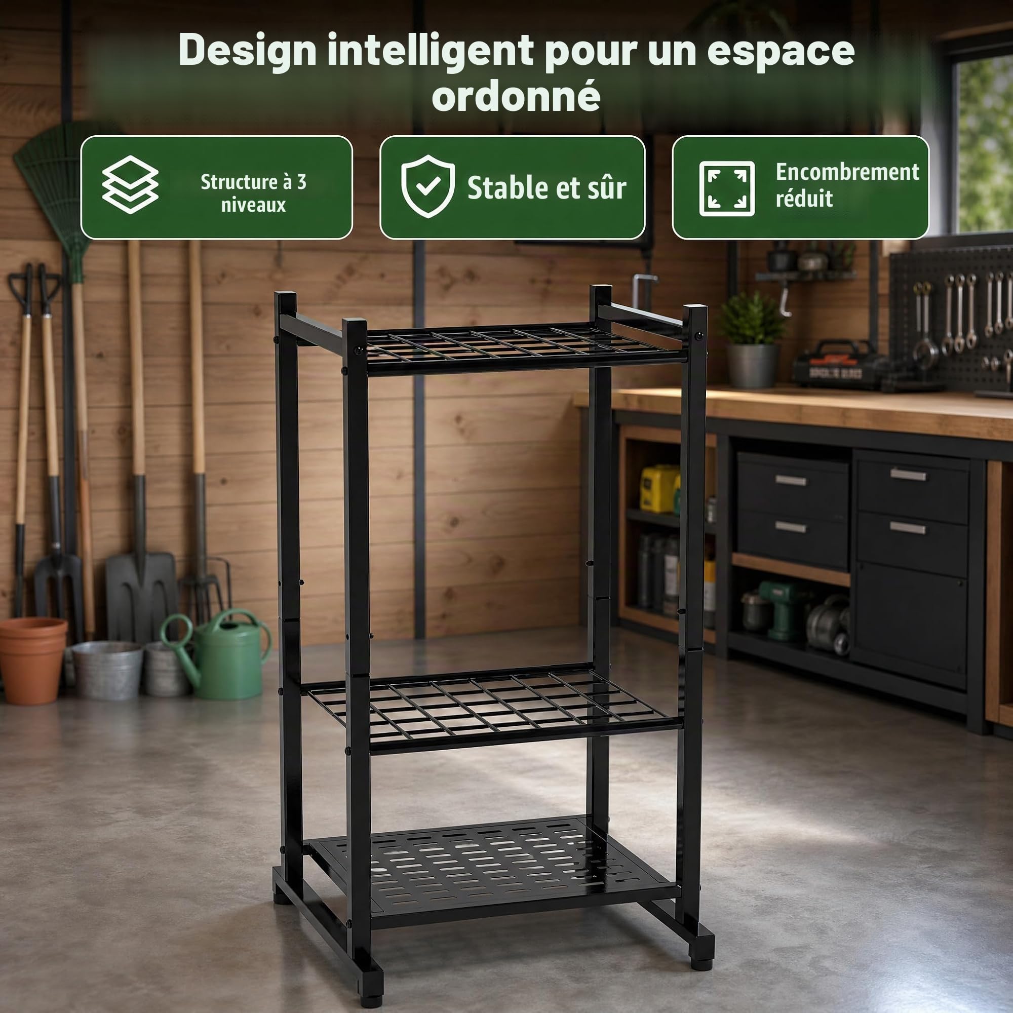 Support robuste pour outils de jardin, 35 outils, fer noir, 43 x 30 x 74 cm