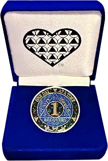 AA 1-Year Sobriety Coin with Glitter Enamel – Fancy Velvet Gift Box – 1 Year Recovery Medallion for Alcoholics Anonymous – Unique Heart Box Design – Clean Time Chip for Anniversary Gift