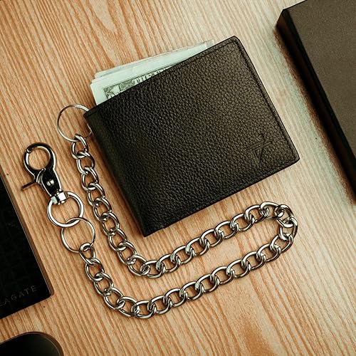 Miniatura 4 de J T C JUZAR TAPAL Collection Cartera plegable de piel auténtica con bloqueo RFID para hombre, elegante plegable, cadena de acero inoxidable,