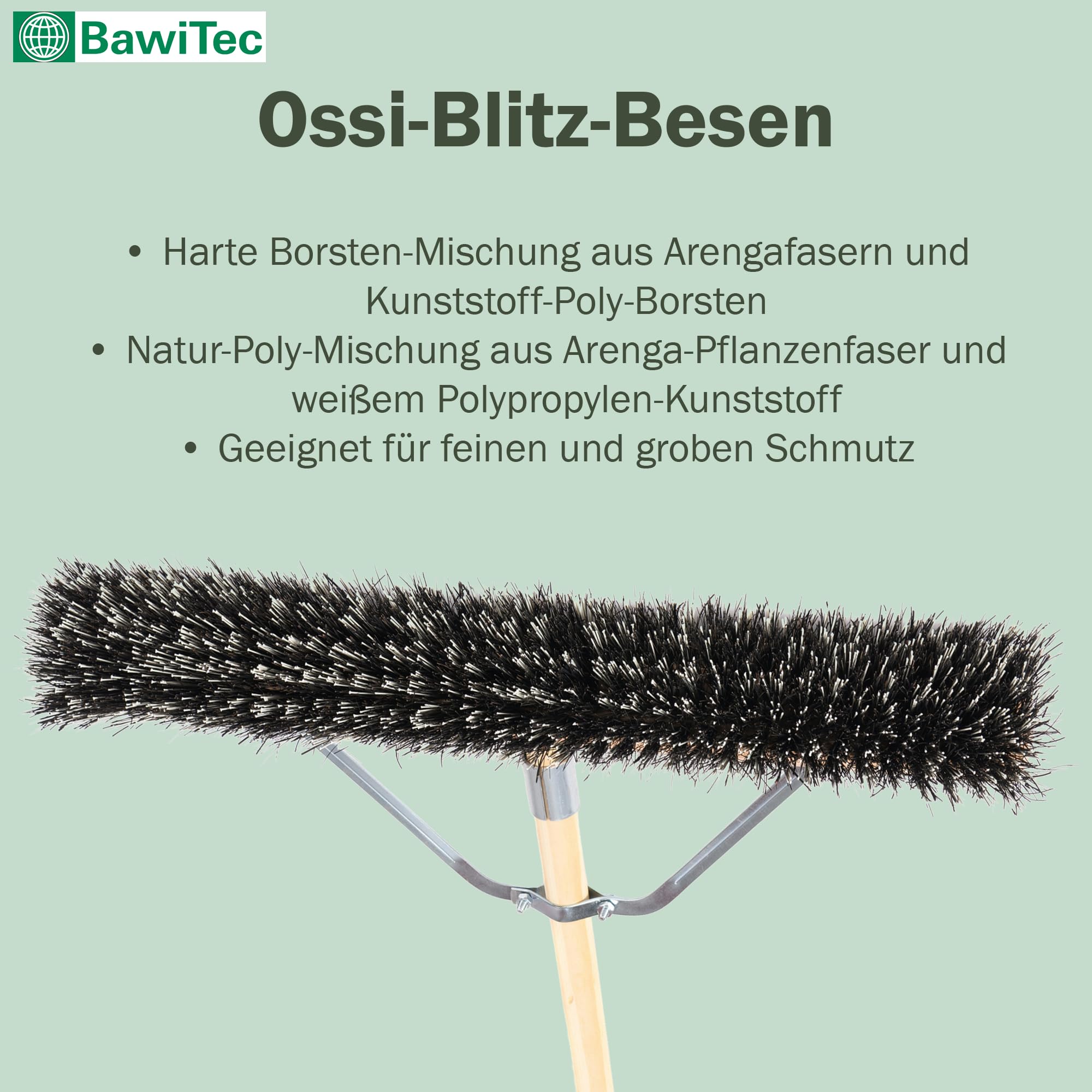OssiBlitz Besen Straßenbesen 100cm mit Stiel 160cm Stabi Harte Borsten | Spezieller Stielstabilisator/Zusatzhalterung, Besenstiel Ø28mm, Für groben und feinen Schmutz