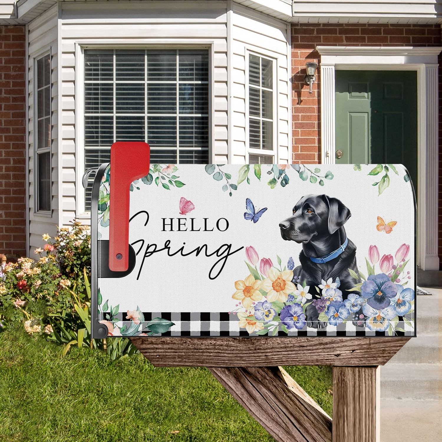 Hello Spring Black Labrador Dog Tulip Floral Mailbox Cover Magnetic Standard Size 21x18 Inch Post Letter Box Wrap Garden Yard Home Decor