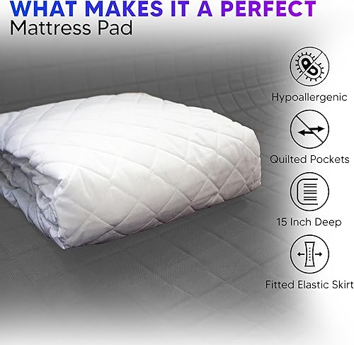 Miniatura 4 de Protector de colchón acolchado grueso e impermeable de tamaño King con falda elástica y bandas de anclaje, bolsillo profundo de hasta 15 pulgadas,