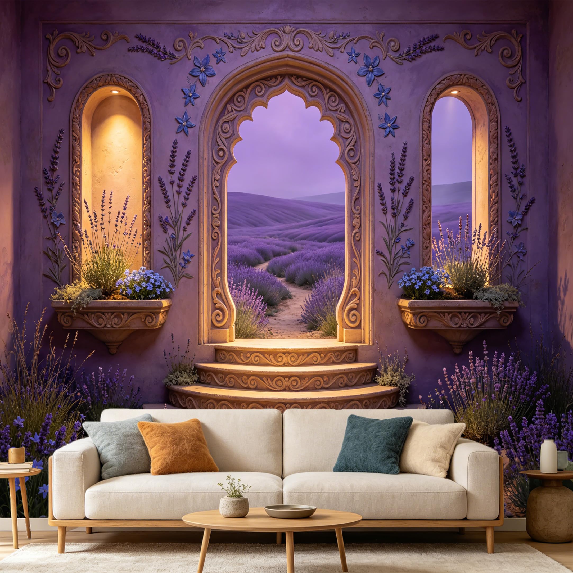 Custom Size Wall Mural， Mediterranean Provence Lavender Field Archway 3D Trompe L'Oeil， SelfAdhesive Art Prints wall Fabric Removable Large Wallpaper Home Living Room Decor