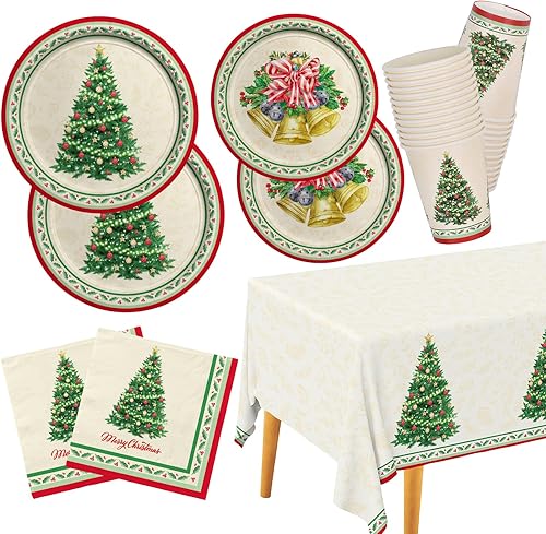 Suministros para fiestas de Navidad sirven 25, vajilla desechable con campana de Navidad incluye: platos llanos, platos de postre, servilletas,