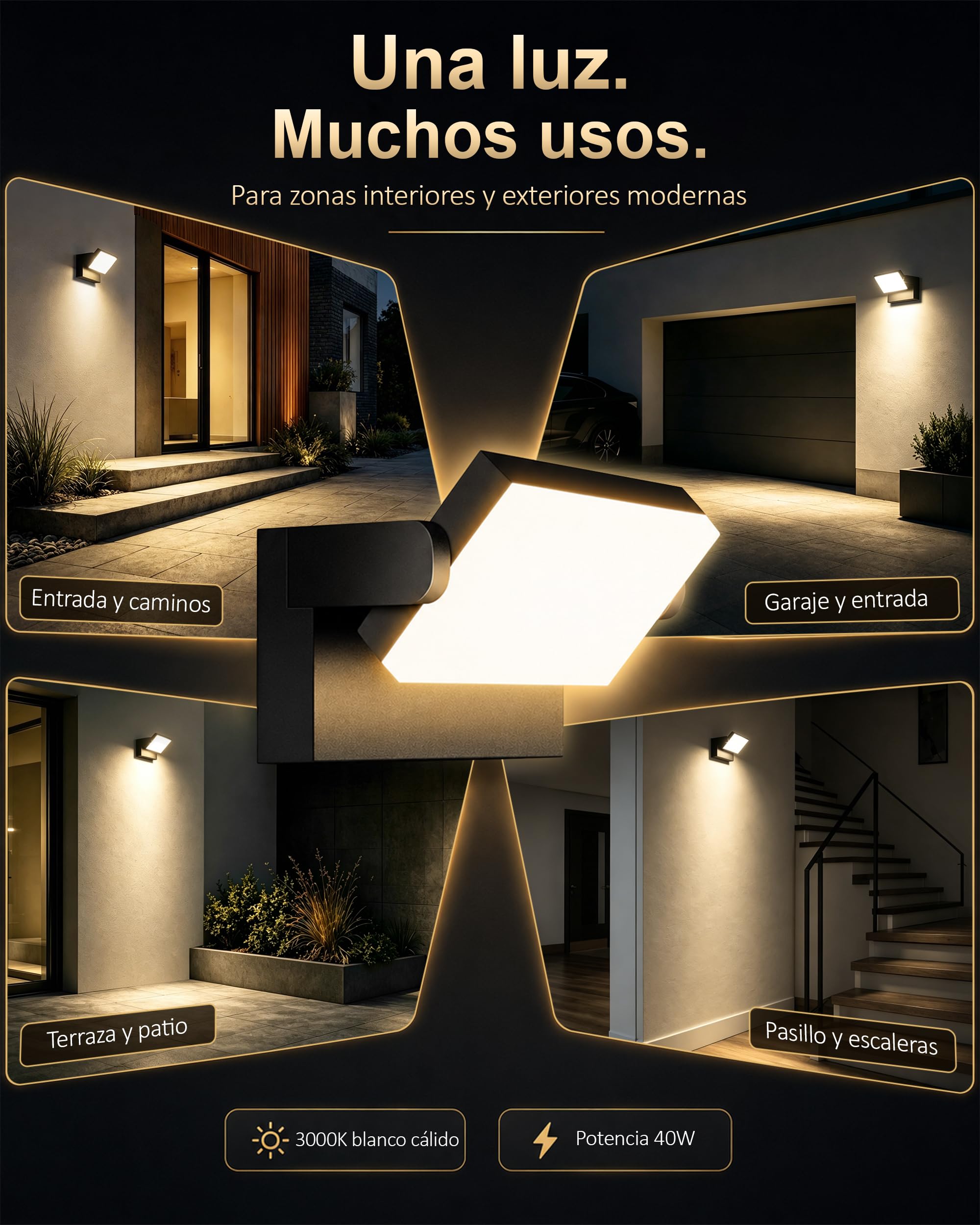 Kingwen LED Aplique Pared Exterior/Interior Negra 360°Rotación Blanco cálido 40W 3000K Focos LED Exterior Impermeable IP65 Apliques de Pared 3000LM | Color negro, LED integrado, IP65 clase energética E, aluminio fundido, IP65 impermeable, para uso en exte
