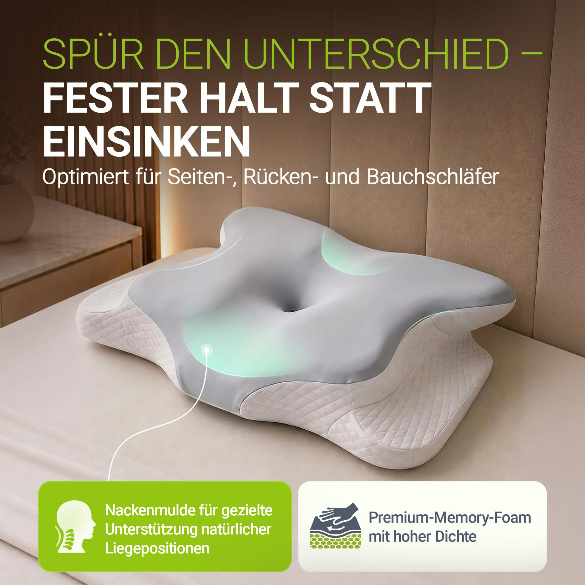 Juskys Nackenkissen 1er Set - Ergonomisches Kopfkissen mit Memory-Foam, atmungsaktivem Bezug - Kissen für den Nacken, gesunder Schlaf - weiß/grau