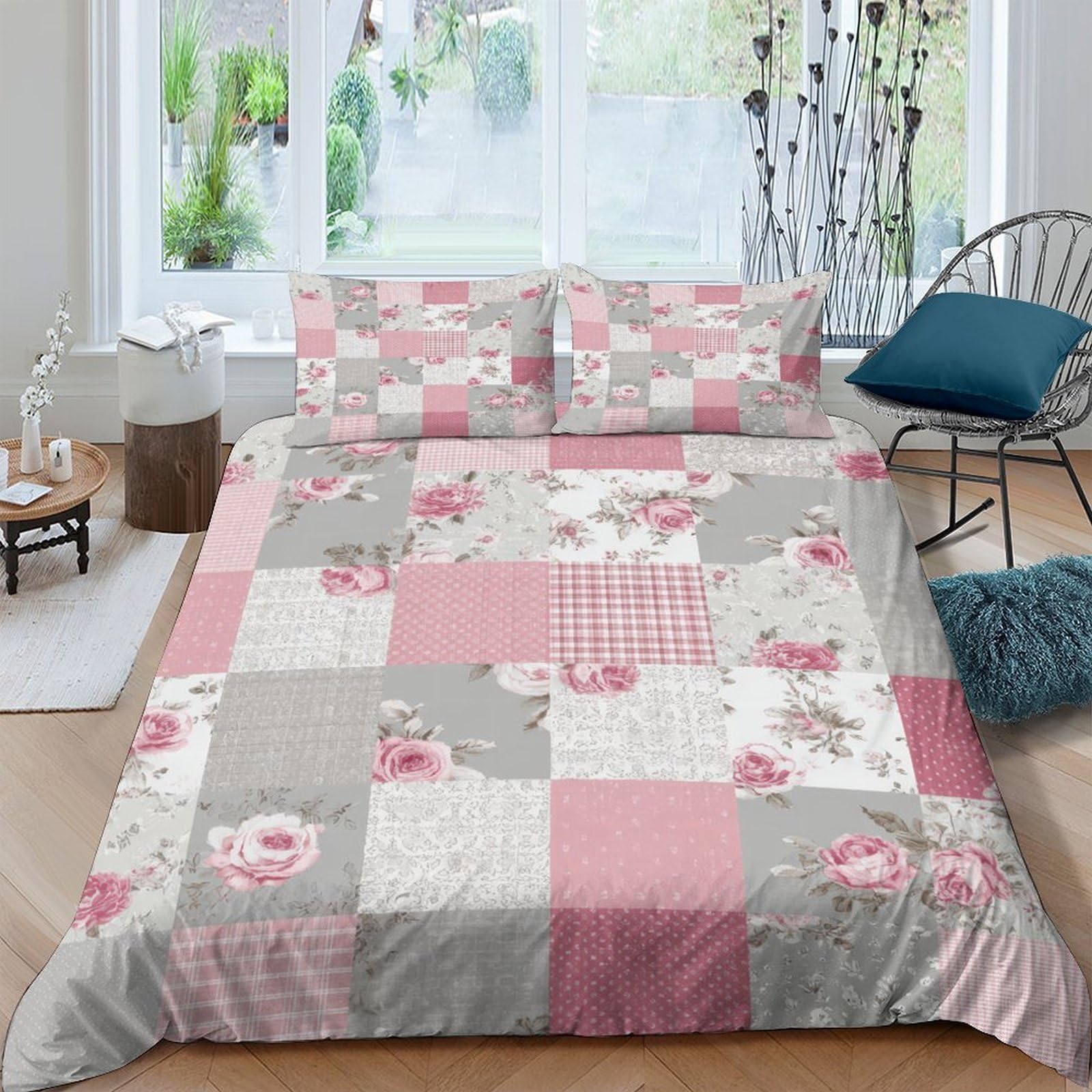 Ctjqhvkz Style-5 3D Printed Pink Floral Patchwork Fitted Sheet Microfiber Soft Breathable Grey Plaid Bed Cover For Bedroom Guestroom Mattress Decor Single（135X200cm）